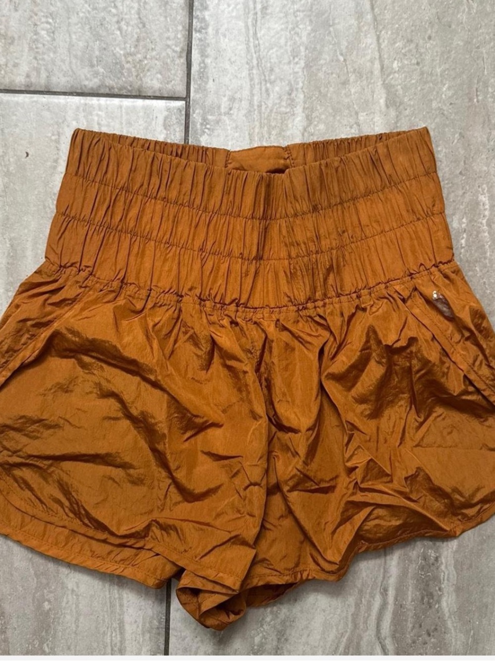 Free People Smocked High-Waist Athletic Shorts — Burnt Orange